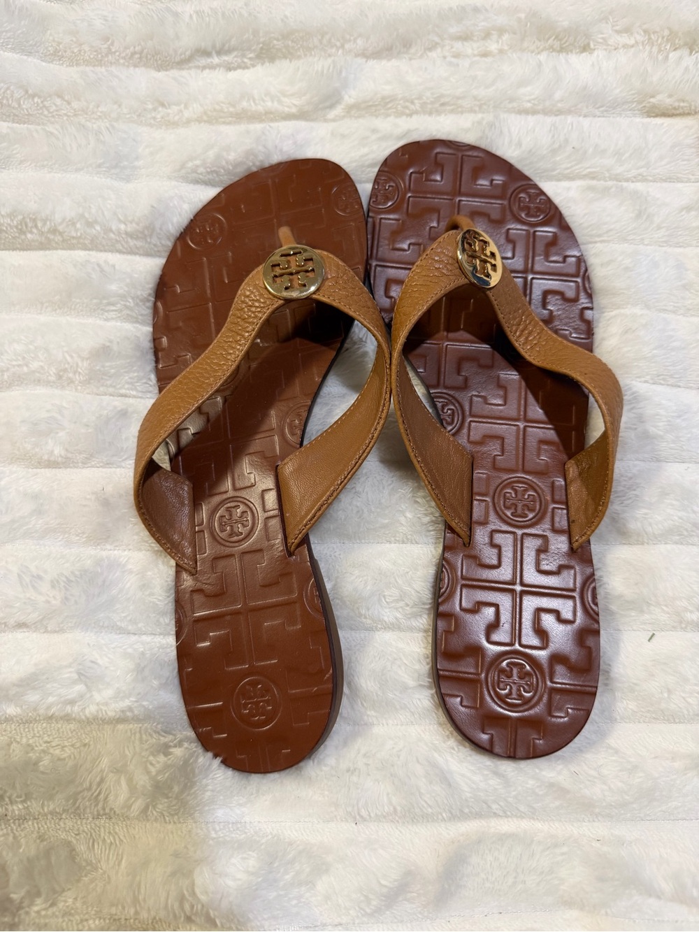 Tory Burch Tan and Brown Logo Thong Sandals